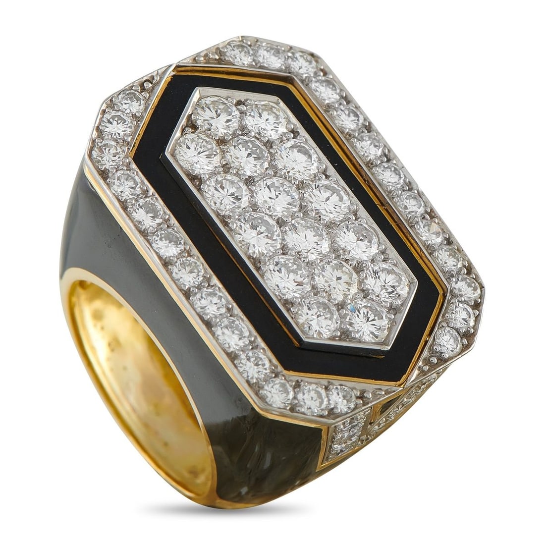 DAVID WEBB 18K YELLOW GOLD 3.50CT DIAMOND AND ONYX RING: This David Webb ring is a study in contrasts. On this exquisite accessory, sleek Onyx accents are elegantly juxtaposed with sparkling Diamonds with a total weight of 3.50 carats. Crafted from 18K Yell