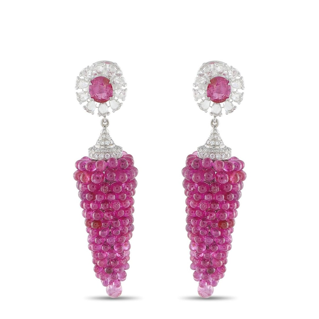 18K WHITE GOLD 1.50CT DIAMOND AND RUBY EARRINGS: These earrings offer a uniquely elegant design that is simply unforgettable. Ruby gemstones with a total weight of 22.0 carats accent the base and are arranged in a hanging cluster below the 18K White