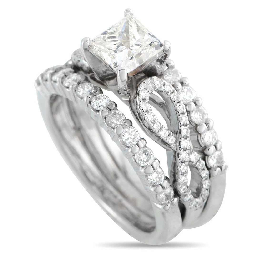 14K WHITE GOLD 1.69CT DIAMOND RING: Three bands meet to honor a single, central point of view. This semi-wide ring divides intro three slender bands, with the outer bands lined with diamonds in shared prongs. They frame a middle path th
