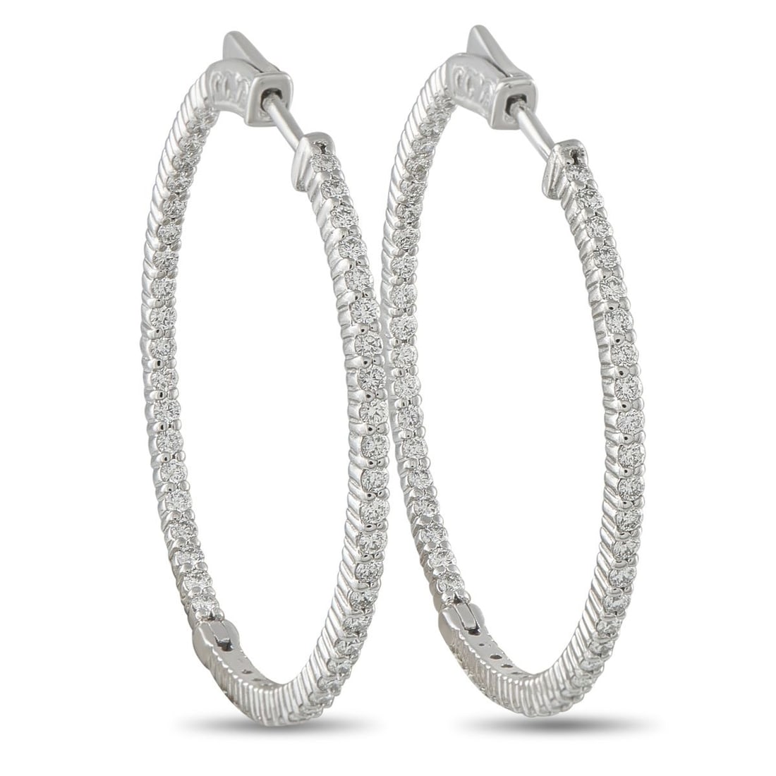 14K WHITE GOLD 2.0CT DIAMOND INSIDE-OUT HOOP EARRINGS: No jewelry collection is complete without a classic pair of hoop earrings. Elegant and incredibly sophisticated, each earring is crafted from 14K White Gold and measures 1.50 round. Diamonds with a to