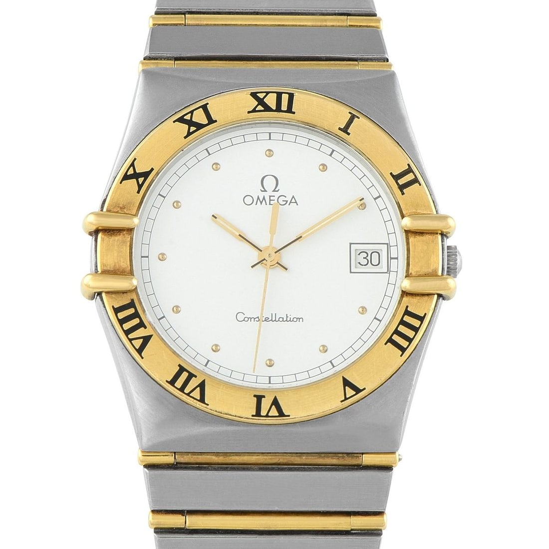 OMEGA CONSTELLATION DATE WHITE DIAL TWO TONE WATCH: In classic Constellation design, the Omega ref. 1448 431 features a 34.5mm stainless steel case with a flat yellow gold bezel with black Roman numerals and the signature claws that define the collecti