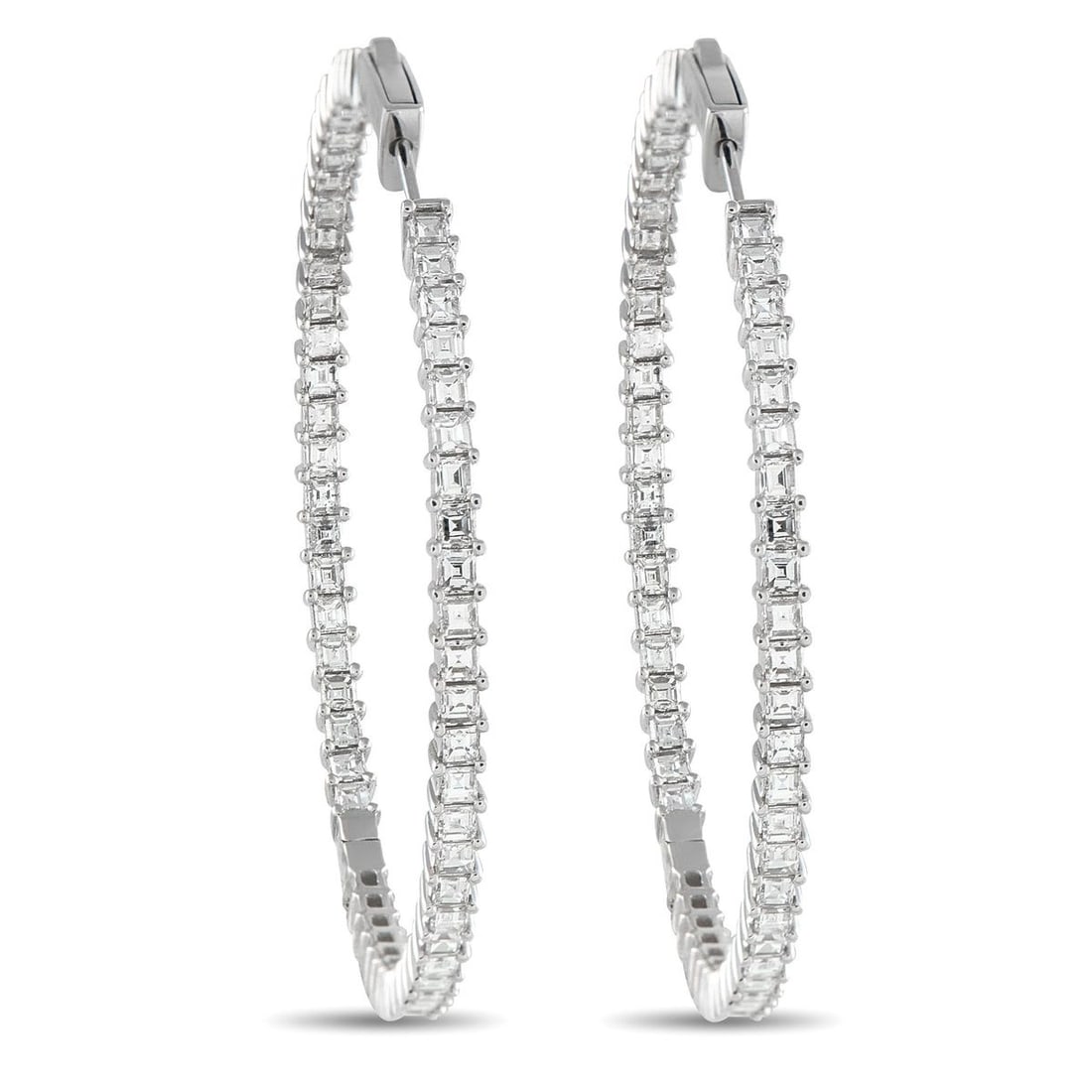 18K WHITE GOLD 4.40CT DIAMOND INSIDE-OUT HOOP EARRINGS: In classic in-and-out design, these slim diamond hoops feature diamonds set along their front and inside edges. They sparkle from every angle, catching the light both face-on and in profile. Their min