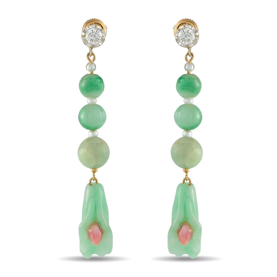 0.50CT DIAMOND, CONCH PEARL, AND JADE EARRINGS: These elegant earrings will add color, texture, and movement to any ensemble. Jade gemstones and Conch Pearls offer a stylish pop of color, while Diamond accents totaling 0.50 carats provide subtle sp