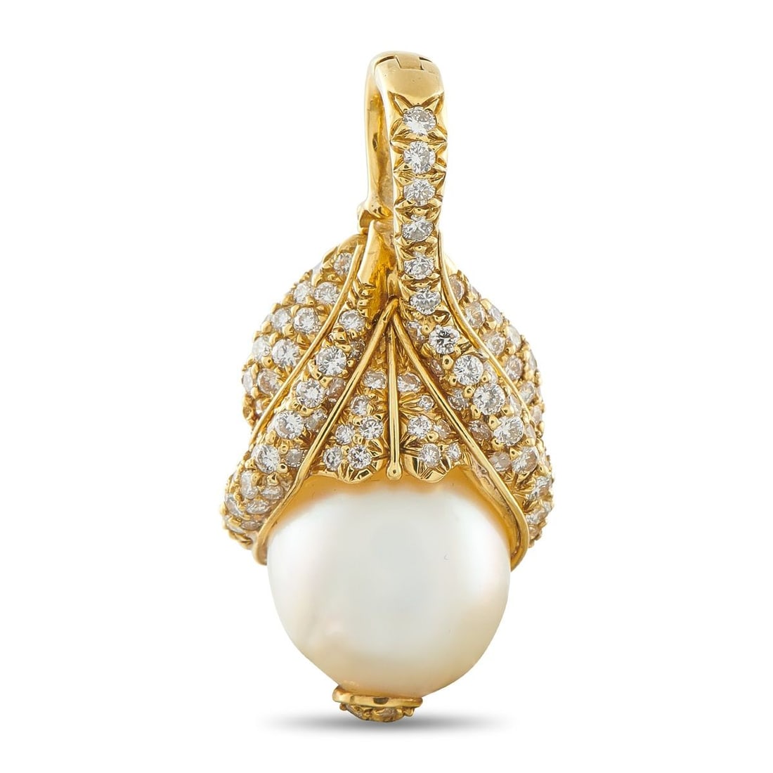 18K YELLOW GOLD 1.10CT DIAMOND AND PEARL PENDANT: This pendant exudes old fashioned elegance. Set in 18K Yellow Gold, a Pearl measuring 13mm x 16mm serves as a stunning focal point. Inset Diamonds with a total weight of 1.10 carats make it a dazzling