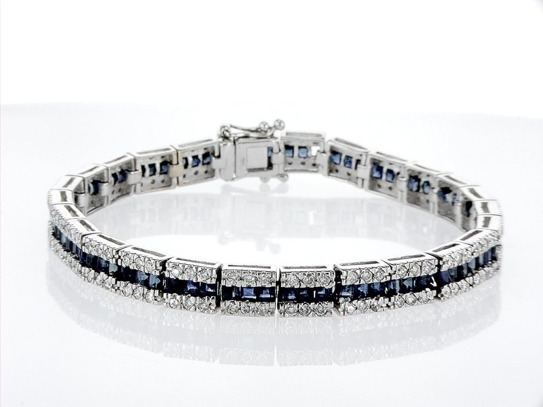 14kt White Gold 2.34ctw Diamond Tennis Bracelet: One 14k white gold bracelet "Tennis", set with natural diamonds and sapphires. Jewelry Weight: 20.06Grs Total Diamonds Weight: 2.34Cts Main Stones Description: Cut and shape: Sapphire Princess Carats 
