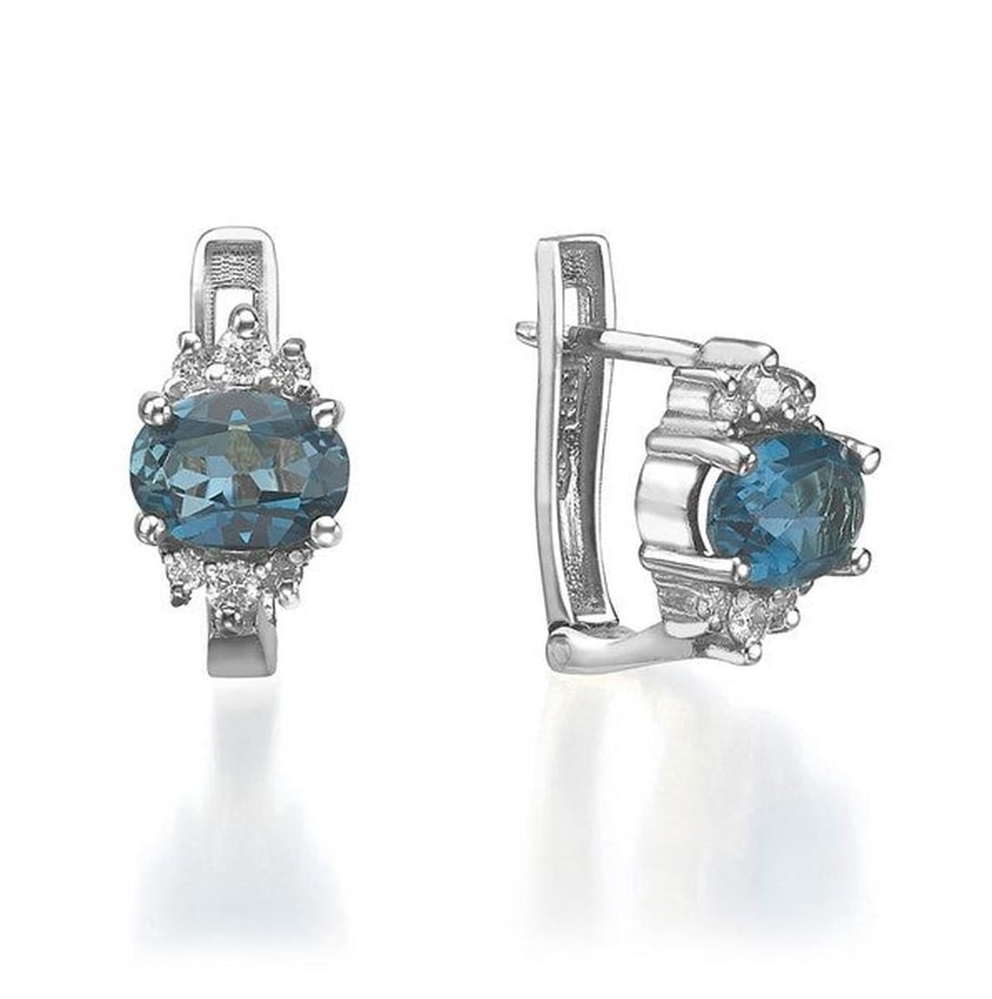 14kt White Gold 0.3ctw Diamond Earrings: One pair of 14k white gold earrings Jewelry Weight: 3.4Grs Total Diamonds Weight: 0.3Cts Main Stones Description: Quantity: 2 Cut and shape: Oval Carats Weight: 2 Color: Blue Corundum Side Stones Desc