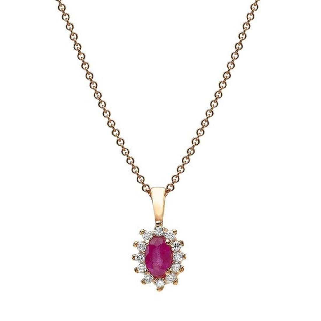 14kt Rose Gold 0.35ctw Diamond Pendant: One 14k rose gold pendant Jewelry Weight: 1.9Grs Total Diamonds Weight: 0.35Cts Main Stones Description: Quantity: 1 Cut and shape: Oval Carats Weight: 0.35 Color: Ruby Side Stones Description: Quanti
