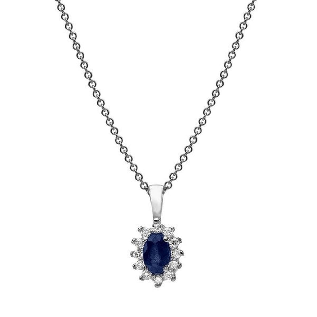 14kt White Gold 0.35ctw Diamond Pendant: One 14k white gold pendant Jewelry Weight: 1.9Grs Total Diamonds Weight: 0.35Cts Main Stones Description: Quantity: 1 Cut and shape: Oval Carats Weight: 0.35 Color: Sapphire Side Stones Description: Q