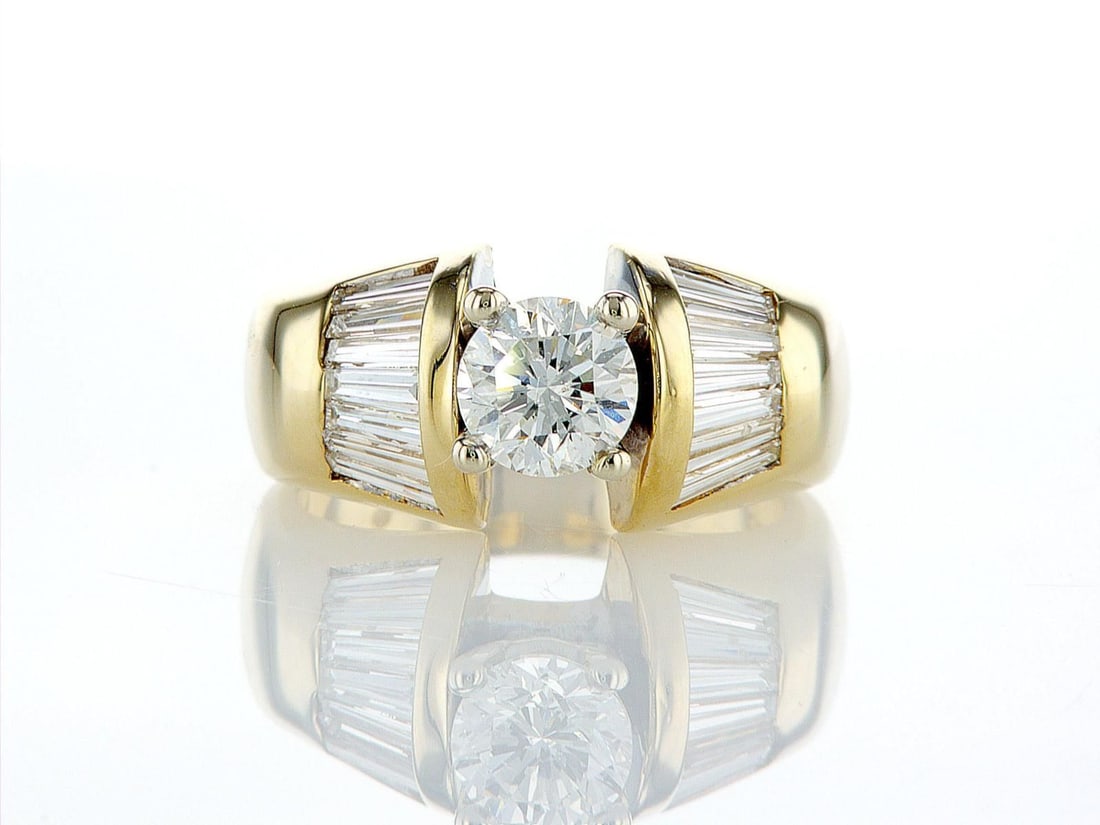 14kt Yellow Gold 1.86ctw Diamond Ring: One 14k yellow gold ring set with one center natural diamond and 14 natural diamonds around on the sides. Jewelry Weight: 8.72Grs Total Diamonds Weight: 1.86Cts Main Stones Description: Quantity: 1 Cu