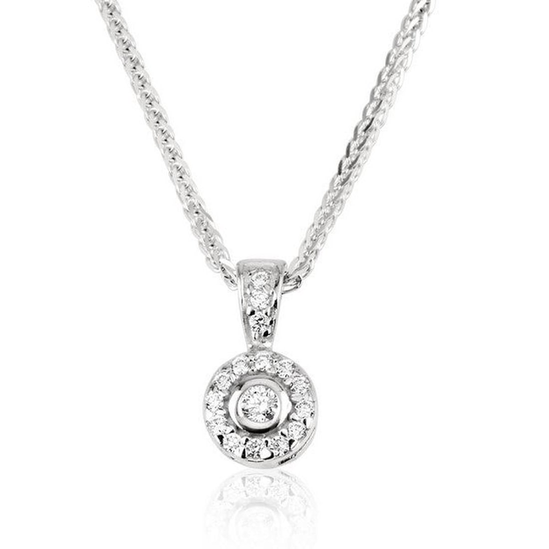 14kt White Gold 0.1ctw Diamond Pendant: One 14k white gold pendant Jewelry Weight: 2.2Grs Total Diamonds Weight: 0.1Cts Main Stones Description: Quantity: 16 Cut and shape: Round Carats Weight: 0.1 Clarity: VS Color: F DSL Appraised. Certif