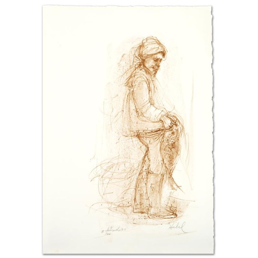 Fisherman Limited Edition Lithograph by Edna Hibel (1917-2014), Numbered and Hand Signed with