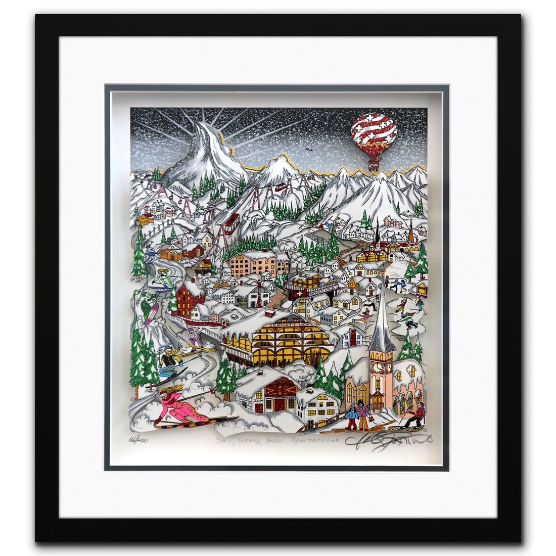 Charles Fazzino- 3D Construction Silkscreen Serigraph "Ski, Skate, Snow Spectacular": Artist: Charles Fazzino. Medium: 3D Construction Silkscreen Serigraph. Title: Ski, Skate, Snow Spectacular. Size: 12" x 13". Measures approx. 18.5" x 17" (framed). Signature: Hand signed and numbered.