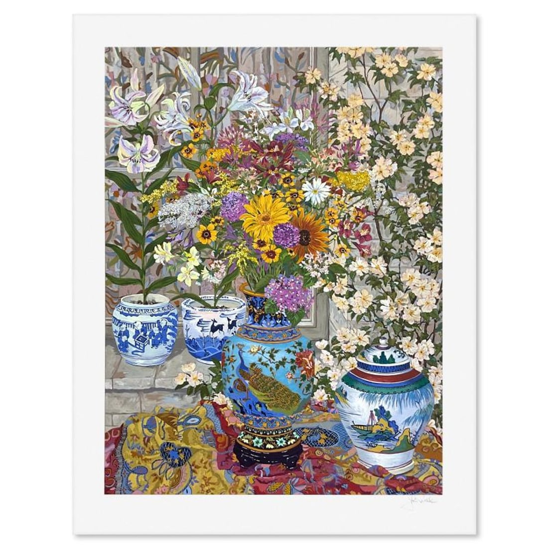 John Powell, "Treasures and Tiger Lilies" Limited Edition Printer's Proof Serigraph, Numbered and: Treasures and Tiger Lilies is a limited edition printer's proof serigraph on paper by John Powell, numbered and hand signed by the artist. Includes Letter of Authenticity. Measures approx. 39" x 30" (