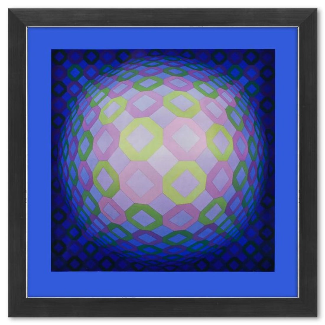 Victor Vasarely (1908-1997), "Okta - Pos de la serie Structures Universelles De L'Octogone" Framed: Okta - Pos de la serie Structures Universelles De L'Octogone is a heliogravure print on paper, published in 1975, by Victor Vasarely (1908-1997). This piece comes custom framed, with a letter of authe