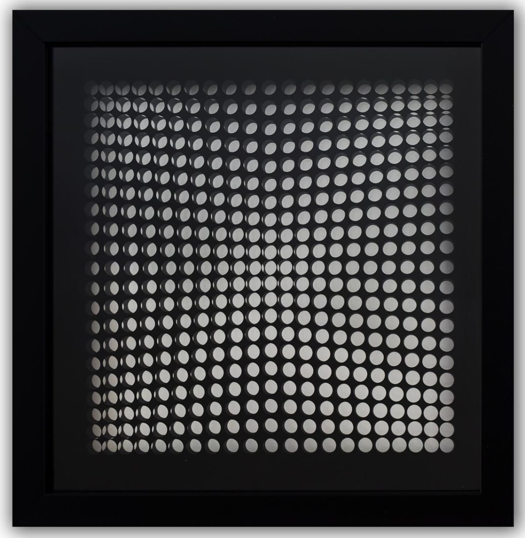 Victor Vasarely- 3D Wall Sculpture/object "Cinetiques": Artist: Victor Vasarely. Medium: 3D Wall Sculpture/object. Title: Cinetiques. Size: 10" x 10". Measures approx. 12" x 12" (framed). Additional: Custom Framed. 2 layers- Top layer printed on clear Luci