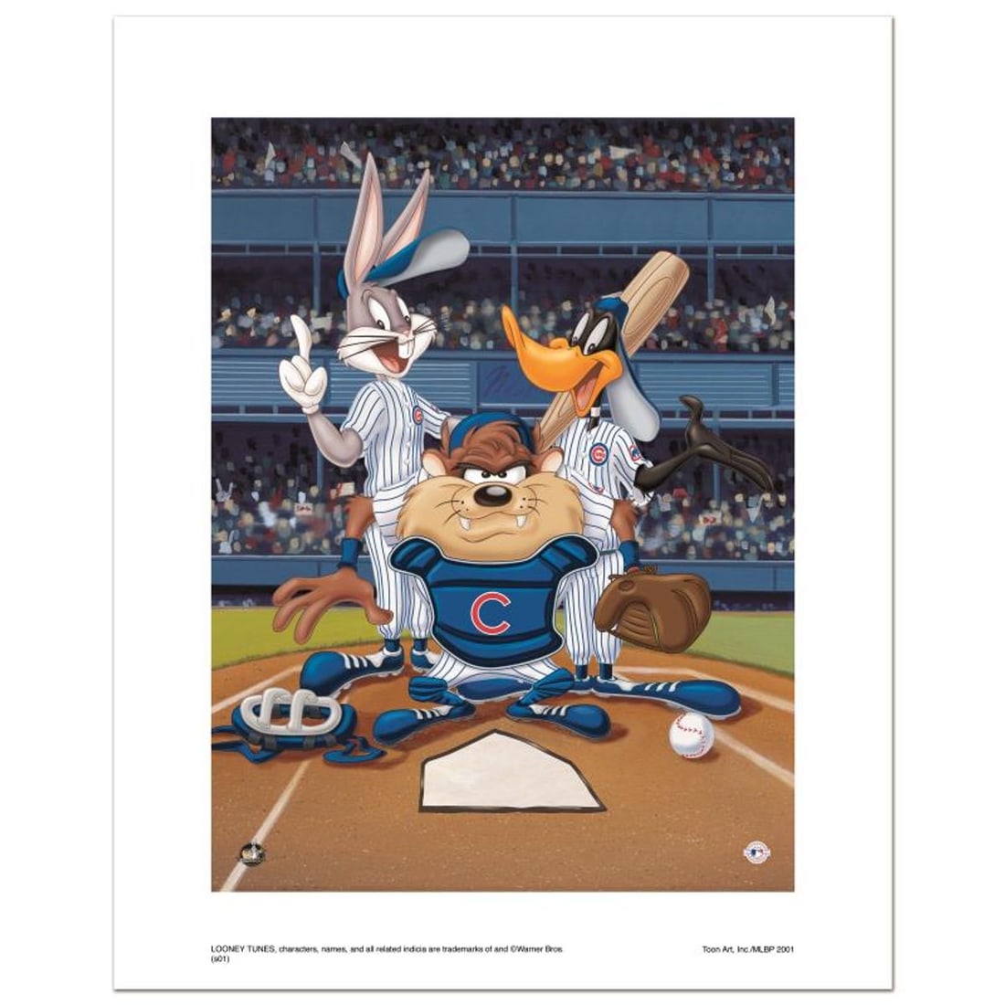 At the Plate (Cubs) Numbered Limited Edition Giclee from Warner Bros. with Certificate of: At the Plate (Cubs) is a limited edition giclee on paper from Warner Bros. featuring iconic Looney Tunes characters in Chicago Cubs MLB uniforms. It comes numbered, with hologram seal, and a Certifica