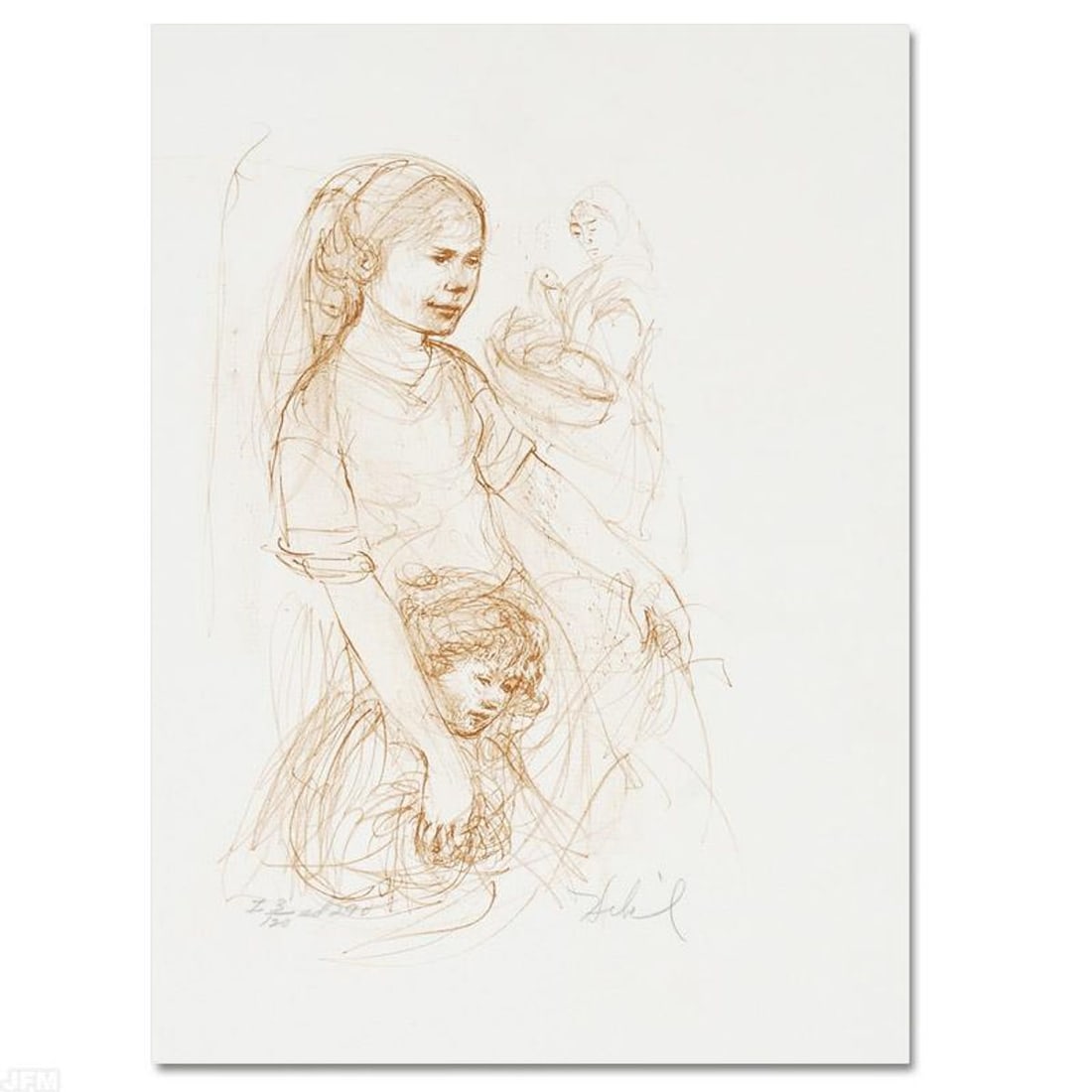 Small Breton Woman with Child Limited Edition Lithograph by Edna Hibel (1917-2014), Numbered and