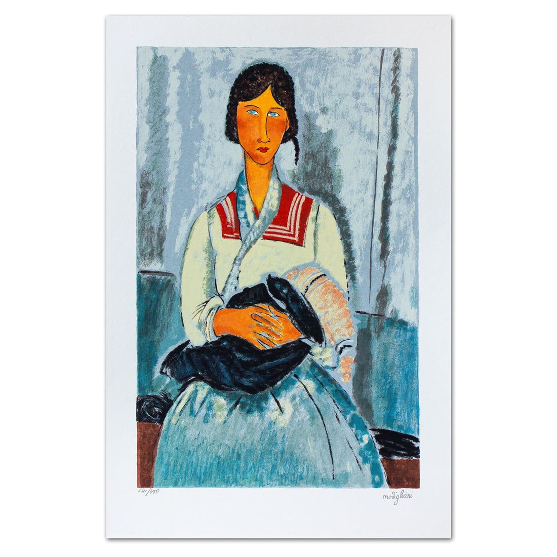 Amedeo Modigliani- Serigraph "Zingara Con Bambino": Artist: Amedeo Modigliani. Medium: Serigraph. Title: Zingara Con Bambino. Size: 20" x 13.5". Signature: Stamp signed and numbered. Certificate of Authenticity: Is included. Additional: Printed By the 