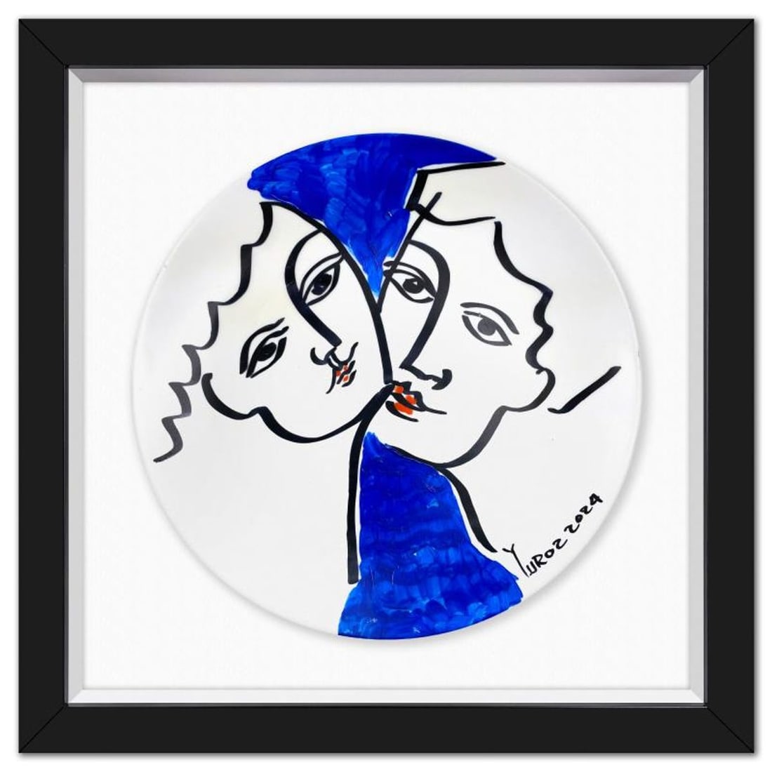 Yuroz, Framed Hand Painted Ceramic Plate, Hand Signed with Letter of Authenticity.