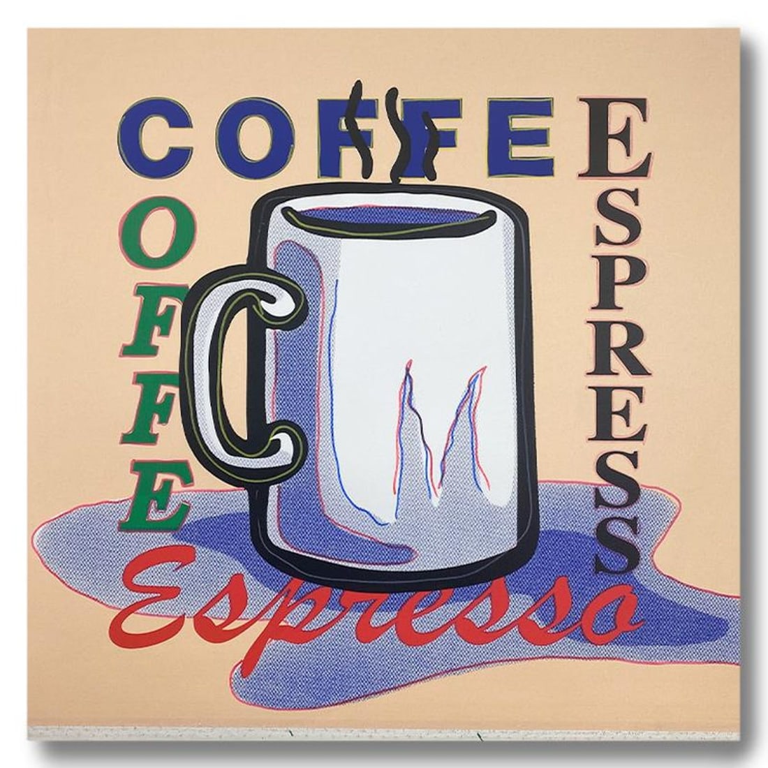 Steve Kaufman (1960-2010), "ESPRESSO" Hand Signed and Numbered Limited Edition Hand Pulled: ESPRESSO is a limited edition hand pulled silkscreen mixed media on canvas by Andy Warhol protege Steve Kaufman (1960-2010). This piece is numbered and 45/50 and hand signed inverso. Includes letter o