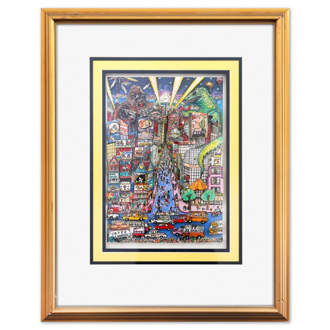 Charles Fazzino- 3D Construction Silkscreen Serigraph "Invasion of Ginza": Artist: Charles Fazzino. Medium: 3D Construction Silkscreen Serigraph. Title: Invasion of Ginza. Size: 16" x 12". Measures approx. 25" x 20" (framed). Signature: Hand Signed and Numbered. Certificate 