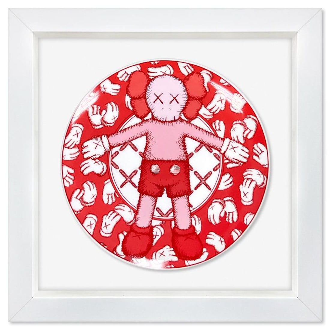 KAWS, Framed Porcelain Plate.: This is a porcelain plate by KAWS. This plate is custom framed and floated on linen. Measures approx. 14.5" x 14.5" (frame), 9" (plate diameter). This item requires special handling and may have a lon