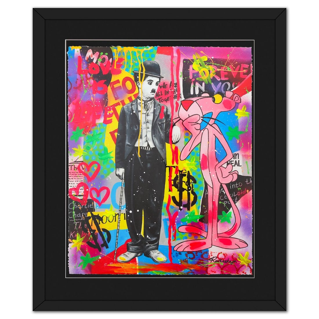Nastya Rovenskaya- Original Mixed Media on Deckle Edge Paper "Think in Pink": Artist: Nastya Rovenskaya. Medium: Original Mixed Media on Deckle Edge Paper. Title: Think in Pink. Size: 30" x 24". Measures approx. 40" x 34" (framed). Signature: Hand Signed. Certificate of Authent