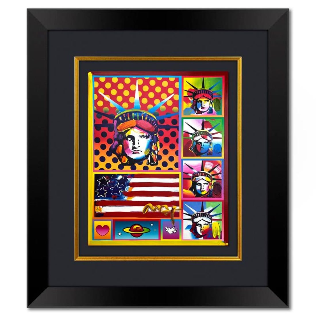 Peter Max, "5 Liberties and Flag" Framed One-of-a-Kind Mixed Media, Hand Signed with Registration (1 of 2)