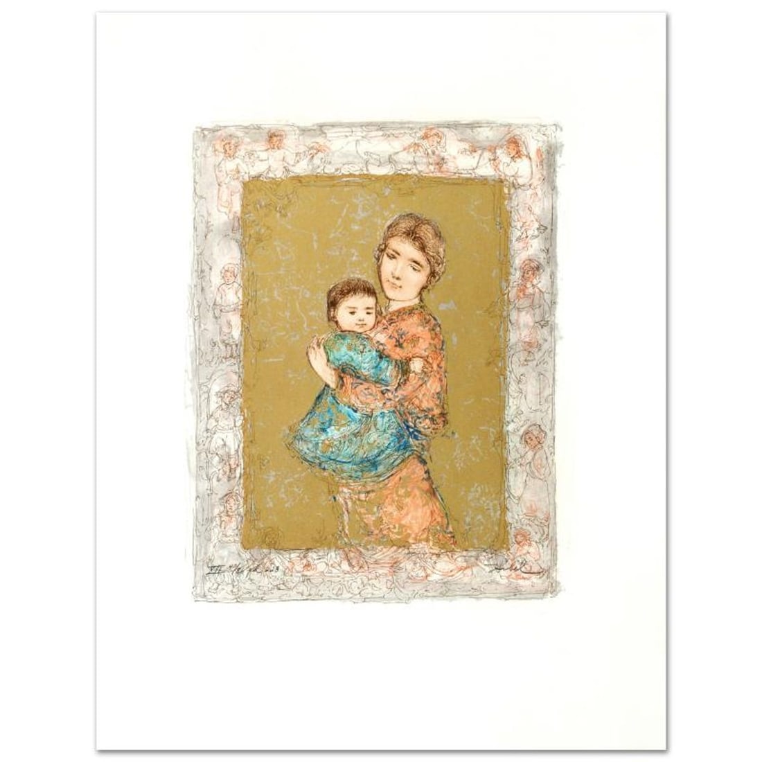 Golden Dreams Limited Edition Lithograph by Edna Hibel (1917-2014), Numbered and Hand Signed with: Golden Dreams is a limited edition lithograph on paper, numbered and hand signed by Edna Hibel (1917-2014). Includes Certificate of Authenticity! Measures approx. 21" x 26.5" (with border), 13.5" x 17