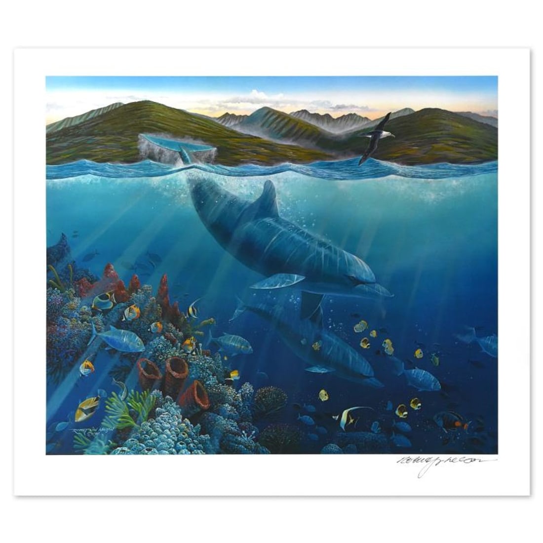 Robert Lyn Nelson, "Lahaina Sea Flight" Limited Edition Mixed Media, Numbered and Hand Signed with: Lahaina Sea Flight is a limited edition mixed media on paper, numbered and hand signed by the artist. Includes letter of Authenticity. Measures approx. 31.5" x 27.5" (with border), 27.5" x 23" (image)