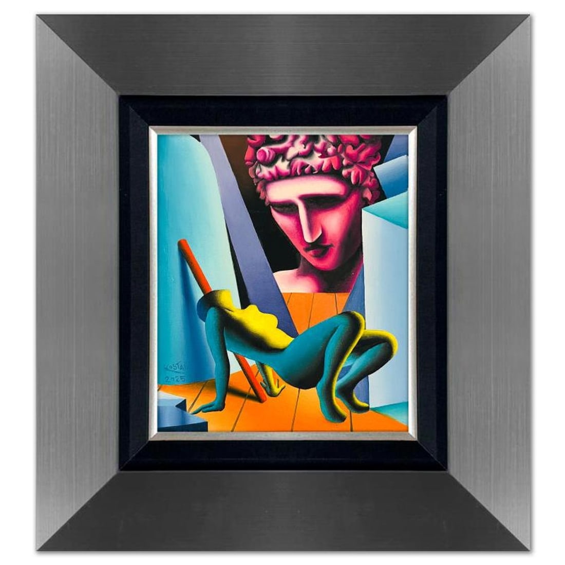 Mark Kostabi, "Gaze of the Timeless" Framed Original Oil Painting on Canvas, Hand Signed with a: Gaze of the Timeless is an original oil painting on canvas by Mark Kostabi, hand signed by the artist. This piece comes custom framed. Includes Certificate of Authenticity. Measures approx. 22" x 20" 