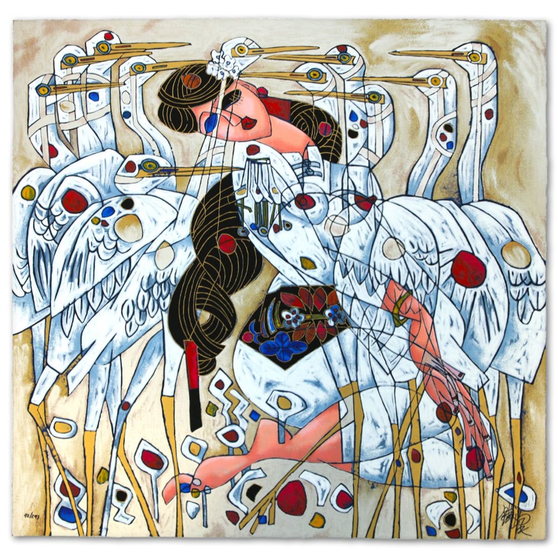 Jian Tie Feng- Silkscreen "Morning with Cranes"