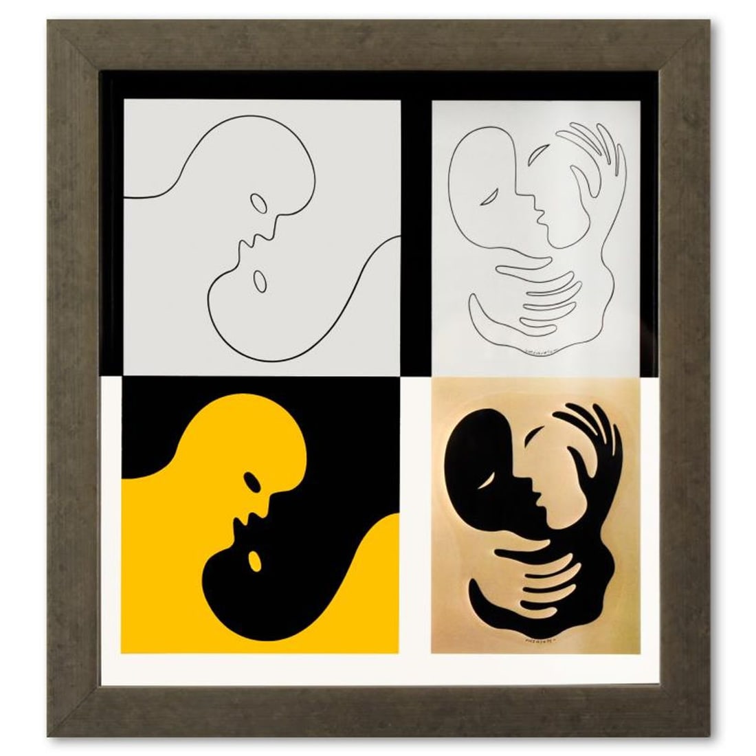 Victor Vasarely (1908-1997), "Amor (1,2) & Catch II (A, B) de la serie Graphismes 3" Framed 1977: Amor (1,2) & Catch II (A, B) de la serie Graphismes 3 is a heliogravure print on paper, published in 1977, by Victor Vasarely (1908-1997). This piece comes custom framed, with a letter of authenticity