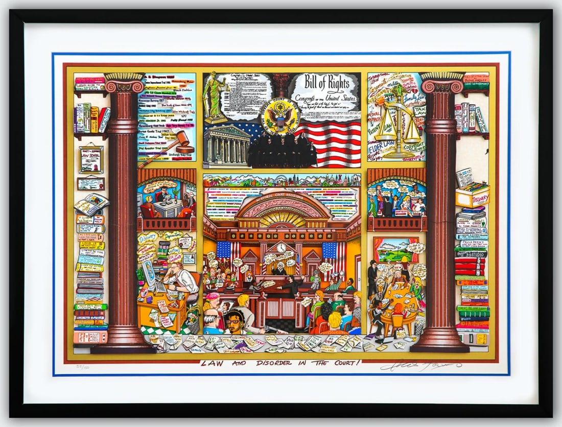 Charles Fazzino- 3D Construction Silkscreen Serigraph "Law and Disorder in the Court! (Blue)": Artist: Charles Fazzino. Medium: 3D Construction Silkscreen Serigraph. Title: Law and Disorder in the Court! (Blue). Size: 25" x 36". Measures approx. 33" x 43" (framed). Signature: Hand Signed and