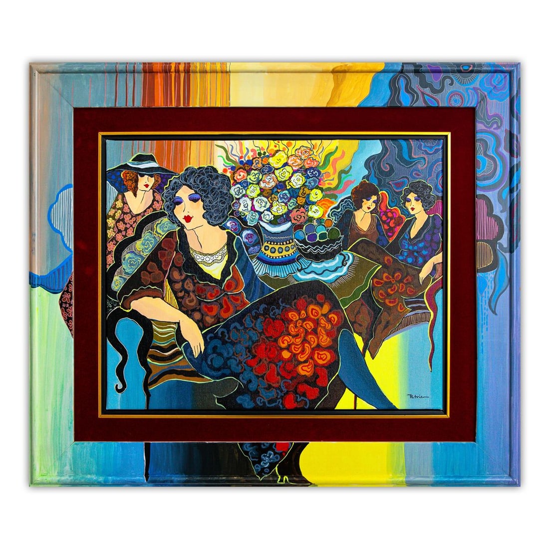 Patricia Govezensky- Original Acrylic with Hand Painted Frame "Whispers of Wine and Laughter": Artist: Patricia Govezensky. Medium: Original Acrylic with Hand Painted Frame. Title: Whispers of Wine and Laughter. Size: 16" x 20". Measures approx. 25" x 29" (framed). Signature: Hand Signed by