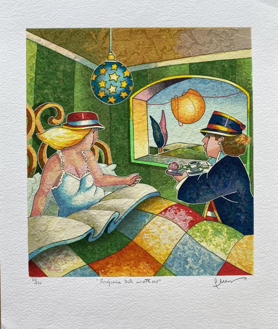Francesco Nesi- Original Serigraph on Paper "SORPRESA DEL MATTINO": Artist: Francesco Nesi. Medium: Original Serigraph on Paper. Title: SORPRESA DEL MATTINO. Size: 14" x 12". Signature: Hand Signed and Numbered by the Artist. Certificate of Authenticity: Is Included. 