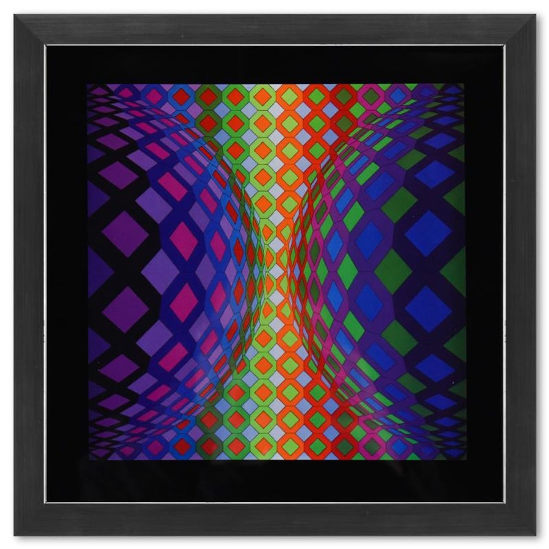 Victor Vasarely (1908-1997), "Reech de la serie Structures Universelles De L'Octogone" Framed 1975: Reech de la serie Structures Universelles De L'Octogone is a heliogravure print on paper, published in 1975, by Victor Vasarely (1908-1997). This piece comes custom framed, with a letter of authentici
