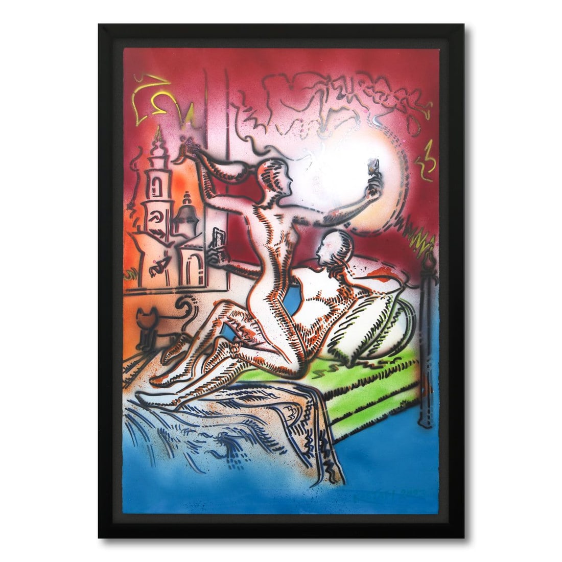 Mark Kostabi- Original Mixed Media on Paper "Crimson Desire": Artist: Mark Kostabi. Medium: Original Mixed Media on Paper. Title: Crimson Desire. Size: 44" x 30". Measures approx. 49" x 35" (framed). Signature: Hand Signed by the artist. Certificate of Authentic