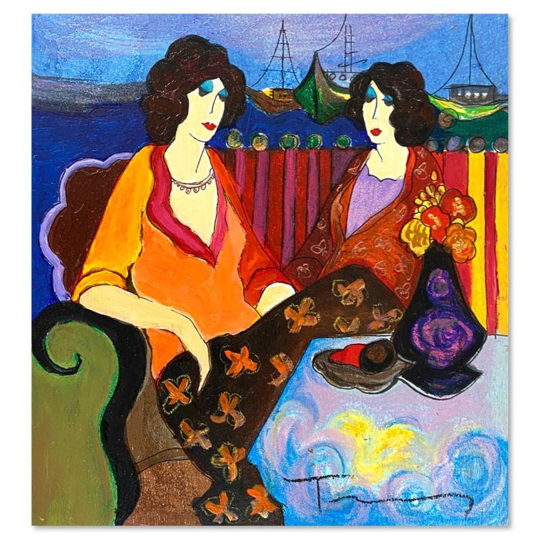 Itzchak Tarkay (1935-2012), "At the Port" One-of-a-Kind Mixed Media Over Paint on Wood, Hand Signed: At the Port is a one-of-a-kind mixed media over paint on wood by Itzchak Tarkay (1935-2012), hand signed by the artist. Includes Letter of Authenticity. Measures approx. 9" x 8.5" (image).