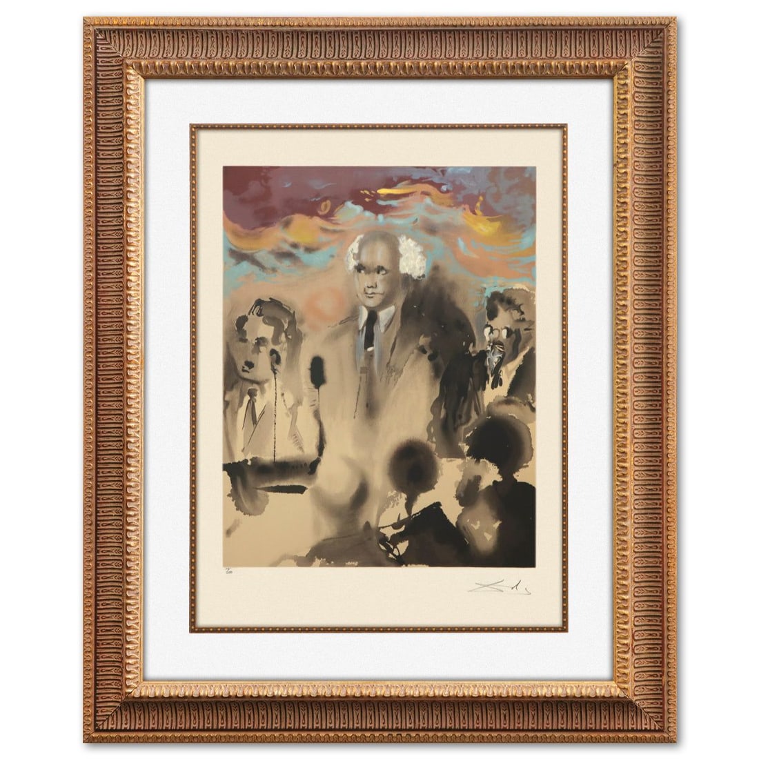 Salvador Dali- Original Lithograph "A moment in history": Artist: Salvador Dali. Medium: Original Lithograph. Title: A moment in history. Size: 20" x 16". Measures approx. 37" x 30" (framed). Signature: Hand signed and numbered. Certificate of Authenticity: 