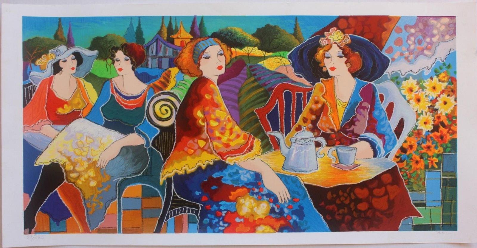 Patricia Govezensky- Original Serigraph on Paper "Relaxed Afternoon in the Garden": Artist: Patricia Govezensky. Medium: Original Serigraph on Paper. Title: Relaxed Afternoon in the Garden. Size: 24" x 40". Signature: Hand Signed by the Artist. Certificate of Authenticity: From the p