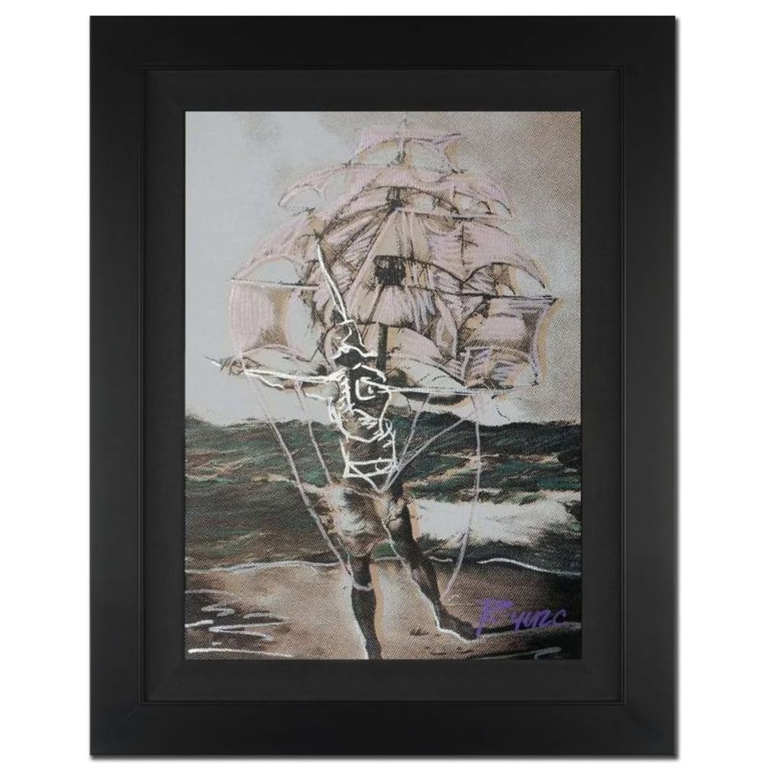 Ringo Daniel Funes, "Man Ship" Framed One-of-a-Kind Mixed Media Painting on Canvas, Hand Signed with (1 of 10)