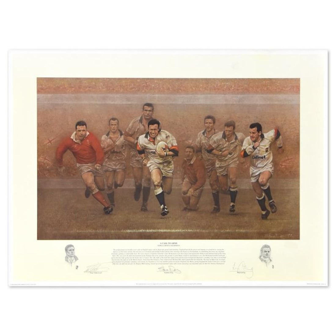 Stephen Doig, "A Call to Arms" Limited Edition, Hand Signed by players Underwood and Carling, with: A Call to Arms is a limited edition lithograph on paper by Stephen Doig, numbered and hand signed by the artist and team members Tony Underwood and Will Carling. This piece celebrates England's 1997 e
