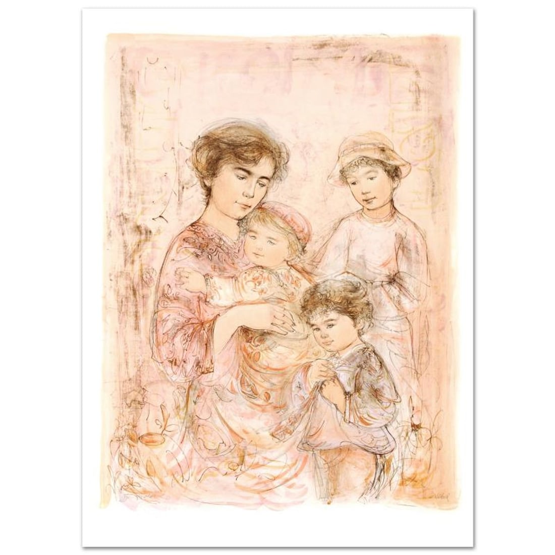 Lotte and Her Children Limited Edition Lithograph (27" x 37.5") by Edna Hibel (1917-2014), Numbered: Lotte and Her Children is a limited edition lithograph on paper, numbered and hand signed by Edna Hibel (1917-2014). Includes Certificate of Authenticity! Measures approx. 30" x 42" (with border), 27"