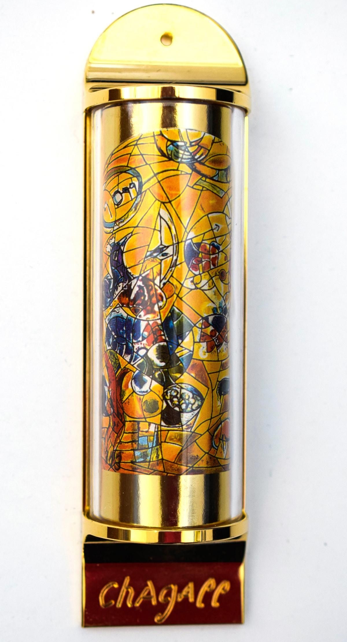 Marc Chagall- Mezuzah - silkscreen on 24K gold plated bronze "12 Tribes Hadassah Windows - Joseph": Artist: Marc Chagall. Medium: Mezuzah - silkscreen on 24K gold plated bronze. Title: 12 Tribes Hadassah Windows - Joseph. Size: 5" x 1.5". Reference#: 15772.
