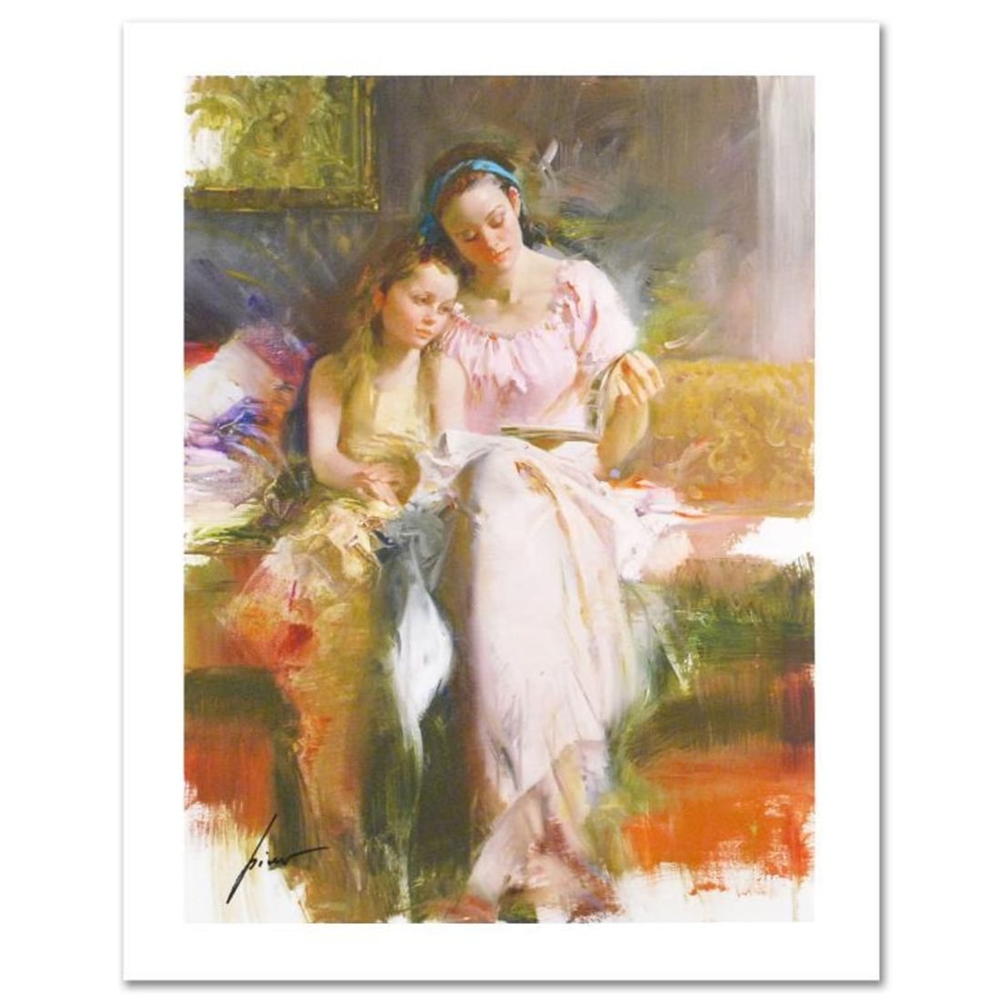 Pino (1939-2010) "Bedtime Stories" Limited Edition Giclee. Numbered and Hand Signed; Certificate of: Bedtime Stories is a limited edition giclee on paper by Pino (1939-2010). The piece comes numbered and is hand signed by the artist. Includes Certificate of Authenticity. Measures approximately 20 x 1