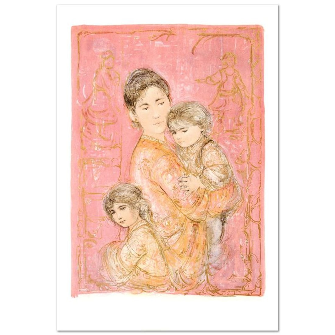 Sonya and Family Limited Edition Lithograph by Edna Hibel (1917-2014), Numbered and Hand Signed with: Sonya and Family is a limited edition lithograph on paper, numbered and hand signed by Edna Hibel (1917-2014). Includes Certificate of Authenticity! Measures approx. 25" x 36" (with border), 21.5" x 3
