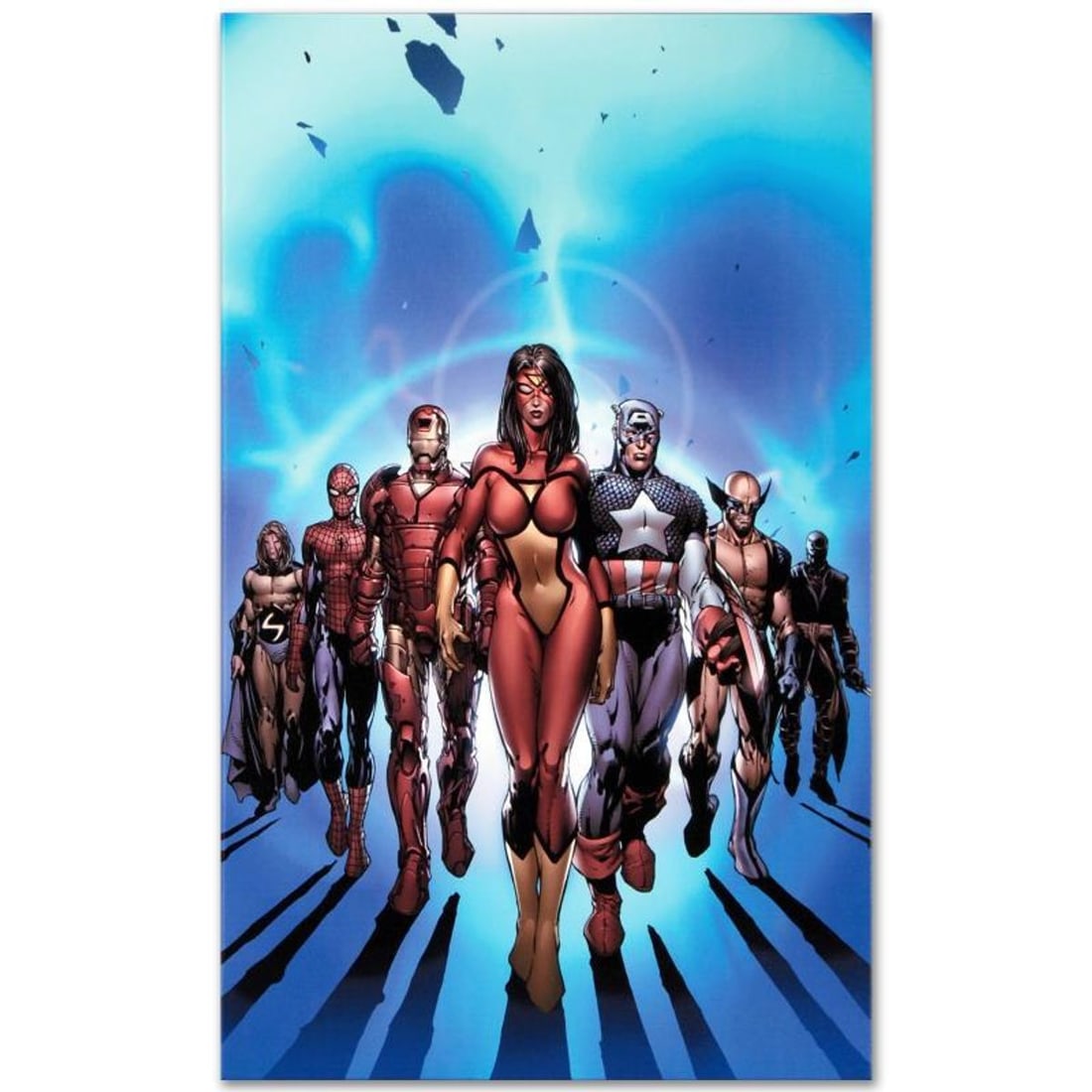 Marvel Comics "New Avengers #7" Numbered Limited Edition Giclee on Canvas by David Finch with COA.: A piece of comic book history, this limited edition, from original art by David Finch, depicts Captain America, spider Woman, Iron Man, Wolverine, Spider Man, Sentry, and Ronin. In 2003, Finch came to