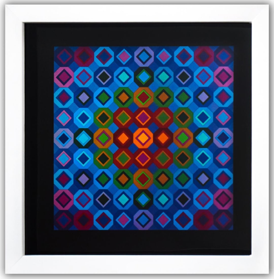 Victor Vasarely- Heliogravure Print "Folkokta": Artist: Victor Vasarely. Medium: Heliogravure Print. Title: Folkokta. Size: 10" x 10". Measures approx. 12" x 12" (framed). Additional: Custom Framed , 1975. Reference#: 21380.