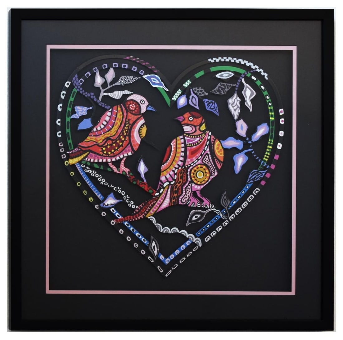 Patricia Govezensky- Original Painting on Laser Cut Steel "Love Birds XV": Artist: Patricia Govezensky. Medium: Original Painting on Laser Cut Steel. Title: Love Birds XV. Size: 16.1" x 16.1". Measures approx. 23" x 23" (framed). Signature: Hand Signed by the artist. Certifi